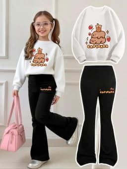 Girls' Capybara Milk Tea Sweatshirt and Flared Pants Set for Ages 4-12, Black Flared Pants with Side Lettering “Capybara” + Strawberry Print Two-Piece Outfit
