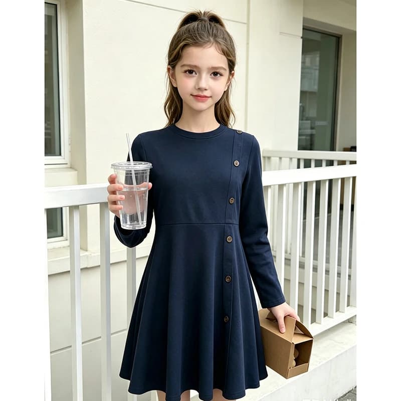 Girls 8-12 Navy Fit & Flare Dress, Front Button Trim & Plain Back, Casual Daily Dress