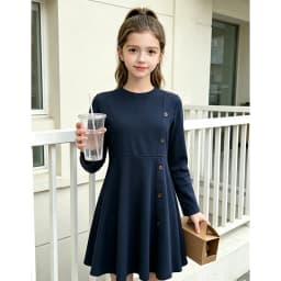 Girls 8-12 Navy Fit & Flare Dress, Front Button Trim & Plain Back, Casual Daily Dress