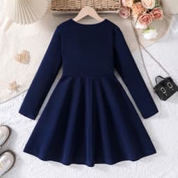 Girls 8-12 Navy Fit & Flare Dress, Front Button Trim & Plain Back, Casual Daily Dress