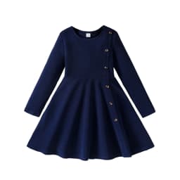 Girls 8-12 Navy Fit & Flare Dress, Front Button Trim & Plain Back, Casual Daily Dress