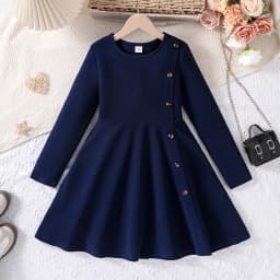 Girls 8-12 Navy Fit & Flare Dress, Front Button Trim & Plain Back, Casual Daily Dress
