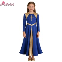 Girl Metallic Liturgical Praise Dance Dress Gold Cross Pattern Church Celebration of Spirit Praise Stage Performance Dancewear