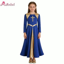 Girl Metallic Liturgical Praise Dance Dress Gold Cross Pattern Church Celebration of Spirit Praise Stage Performance Dancewear