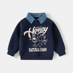 Spring New Children Clothes Korean Style Boys Fake Two Piece Sweatshirt Detachable Collar Cartoon Printed Long Sleeve Top