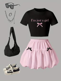 Girls' Summer Casual Outfit: Bow Print Short-Sleeve Top and Lantern Skirt Two-Piece Set in Pink and Black, Fashionable and Versatile, Suitable for 8-12 Year Old Children, Home and Outing Wear
