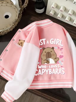Girls' Spring and Autumn Baseball Jacket, Children's Short Baseball Jacket with Capybara and English Letter Print, Suitable for 4-12 Year Old Kids, Casual Versatile Clothing for Home and Outdoor Wear