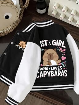 Girls' Spring and Autumn Baseball Jacket, Children's Short Baseball Jacket with Capybara and English Letter Print, Suitable for 4-12 Year Old Kids, Casual Versatile Clothing for Home and Outdoor Wear