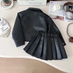 Autumn New Solid Color Girls' Fashion Suit Collar Leather Jacket Zipper Coat+pleated Skirt Two Piece Set Korean Version