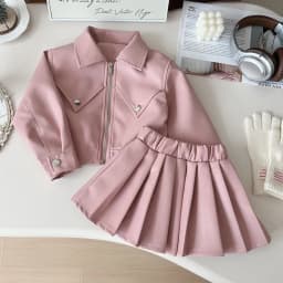 Autumn New Solid Color Girls' Fashion Suit Collar Leather Jacket Zipper Coat+pleated Skirt Two Piece Set Korean Version