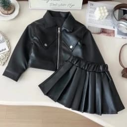 Autumn New Solid Color Girls' Fashion Suit Collar Leather Jacket Zipper Coat+pleated Skirt Two Piece Set Korean Version