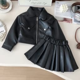 Autumn New Solid Color Girls' Fashion Suit Collar Leather Jacket Zipper Coat+pleated Skirt Two Piece Set Korean Version
