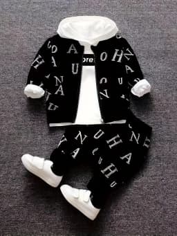 Toddler 3Pcs Letter Print Tracksuit Zip Up Jacket Red Hooded Sweatshirt Elastic Cuffed Jogger Pants Kids Streetwear Outfit Set