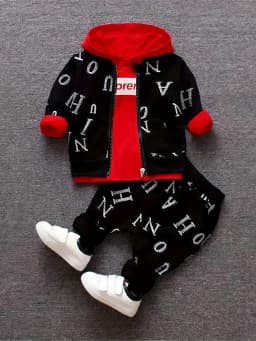 Toddler 3Pcs Letter Print Tracksuit Zip Up Jacket Red Hooded Sweatshirt Elastic Cuffed Jogger Pants Kids Streetwear Outfit Set