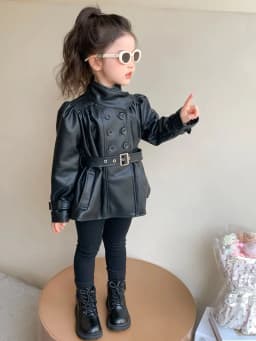 Children Leather Jacket Autumn and Winter 2026 New Fashion Waist Cinched Jacket for Girls Korean Stand Up Collar Jacket Top