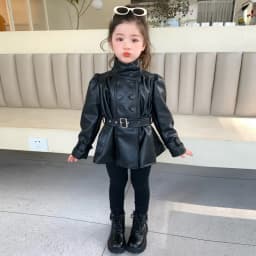Children Leather Jacket Autumn and Winter 2026 New Fashion Waist Cinched Jacket for Girls Korean Stand Up Collar Jacket Top