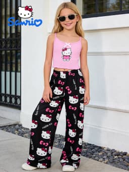 Sanrio Summer Girls' Pants Set, Hello Kitty Outdoor Casual Tank Top Wide Leg Pants, Suitable for Outing and Home Wearing,