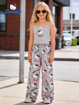 Sanrio Summer Girls' Pants Set, Hello Kitty Outdoor Casual Tank Top Wide Leg Pants, Suitable for Outing and Home Wearing,