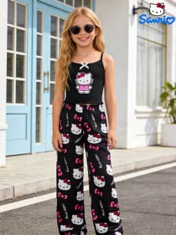Sanrio Summer Girls' Pants Set, Hello Kitty Outdoor Casual Tank Top Wide Leg Pants, Suitable for Outing and Home Wearing,