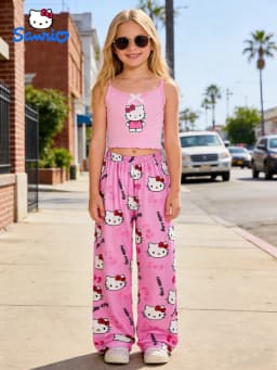 Sanrio Summer Girls' Pants Set, Hello Kitty Outdoor Casual Tank Top Wide Leg Pants, Suitable for Outing and Home Wearing,