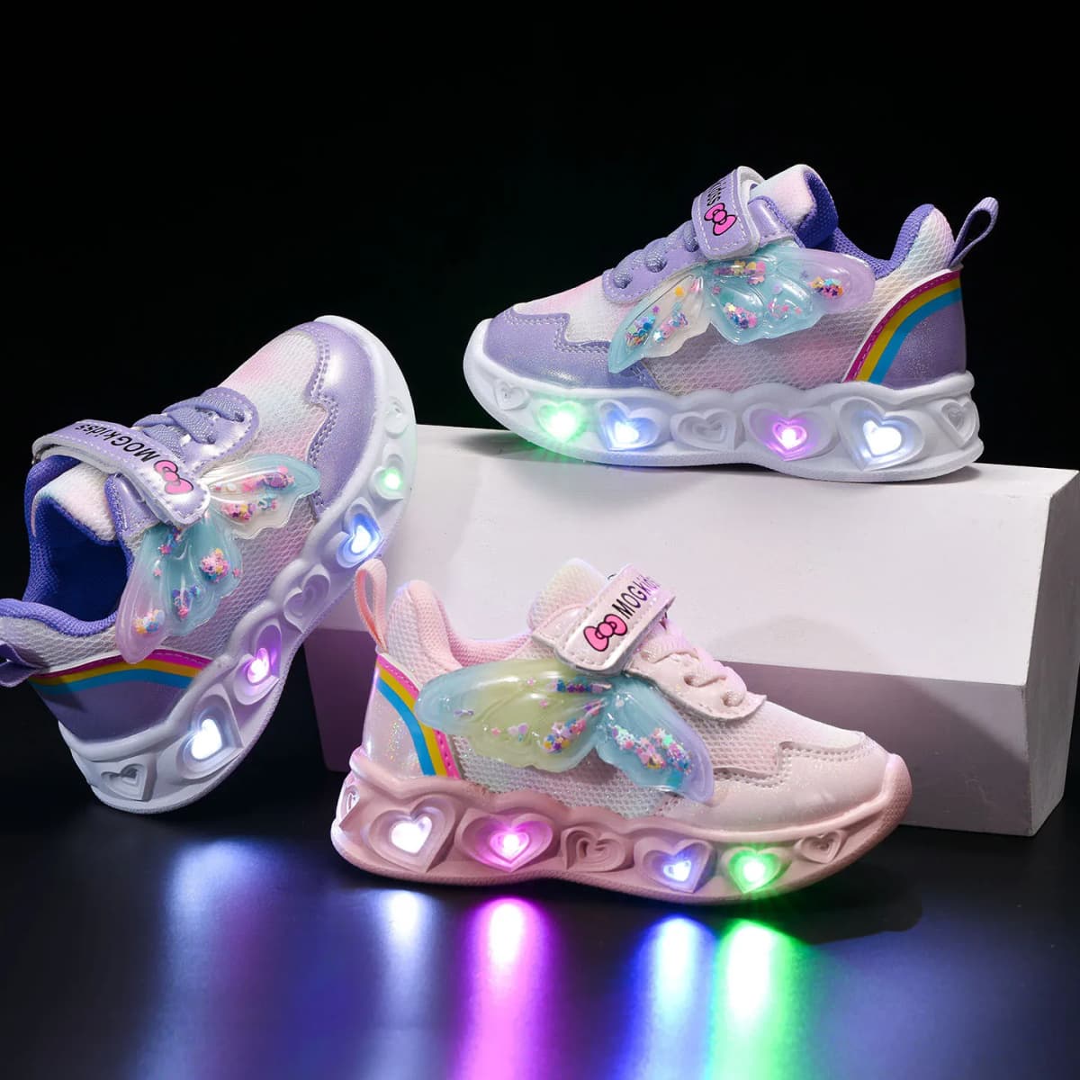 2026 New Kids Casual Shoes Girls Led Light Cartoon PU Leather Fashion Sport Flat Bottom Shoes Breathable Purple Pink Size 21-30