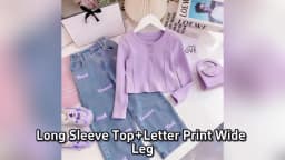 3-10Y Teen Girls Clothing Set Spring Autumn Solid Color Long Sleeve Top+Letter Print Wide Leg Jeans 2Pcs For Kids Fashion Outfit