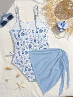 Girls' Swimwear with Shell, Seahorse, and Starfish Elements, Full-Printed One-Piece Swimsuit, Soft and Comfortable Fabric, Light Blue with Full Print, Suitable for 8-12 Year Old Children for Beach Vacations