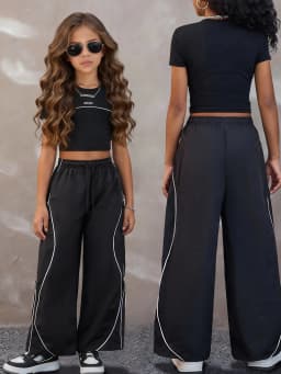 Summer Street Style Casual Outfit for Teenage Girls: Black T-Shirt + Color-Blocked Wide-Leg Pants Two-Piece Set, Stylish and Fashionable, Suitable for Children Aged 5-13, Versatile for Home, Leisure, and Outings