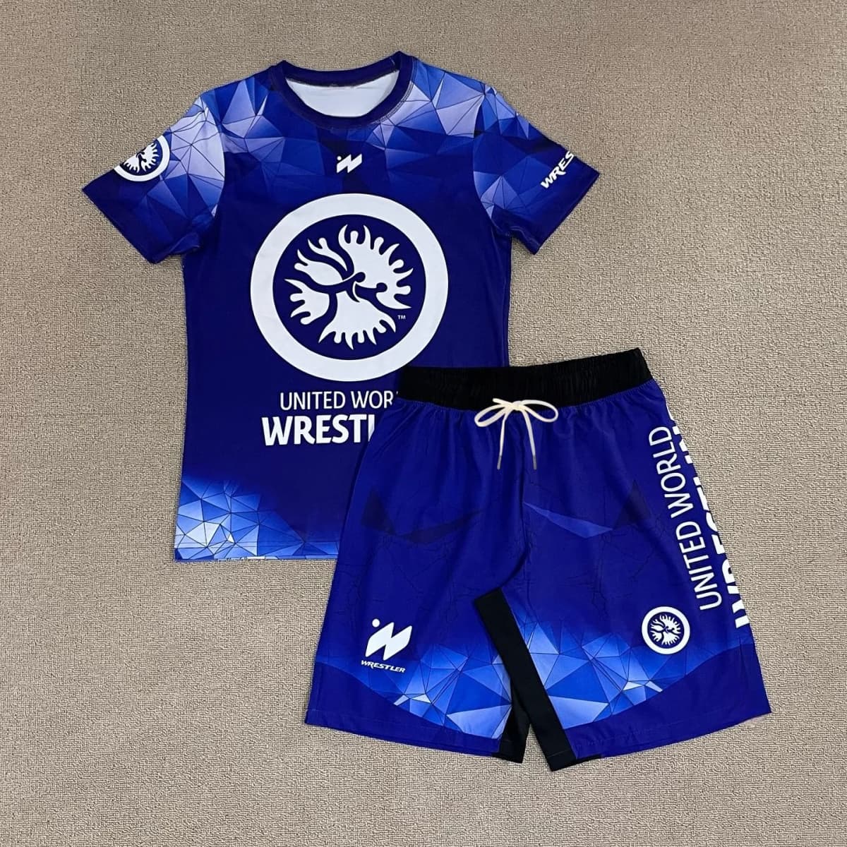 2026 New United World Wrestling Sports Set Men's Kids Black White T-shirt & Shorts Quick Drying MMA Training Combat Suit
