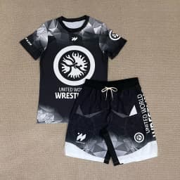 2026 New United World Wrestling Sports Set Men's Kids Black White T-shirt & Shorts Quick Drying MMA Training Combat Suit