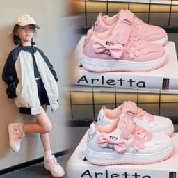 Girls Sneakers Pink Bow Decoration 3D Flowers Cute Sports Shoes Spring Autumn Breathable Casual Non-slip Outdoors Board Shoes