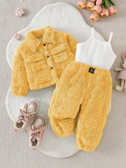 Three piece set of baby girl casual pink plush long sleeved jacket, plush long sweatpants, and pit top as a versatile base for w