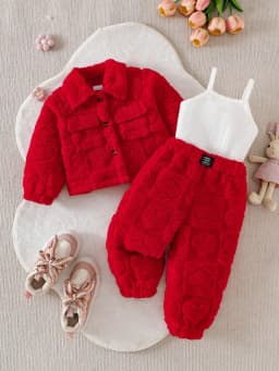 Three piece set of baby girl casual pink plush long sleeved jacket, plush long sweatpants, and pit top as a versatile base for w