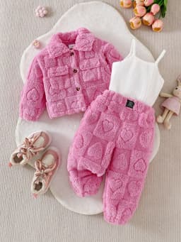 Three piece set of baby girl casual pink plush long sleeved jacket, plush long sweatpants, and pit top as a versatile base for w