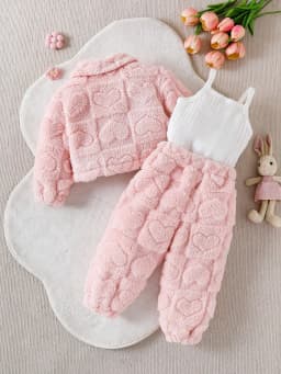 Three piece set of baby girl casual pink plush long sleeved jacket, plush long sweatpants, and pit top as a versatile base for w