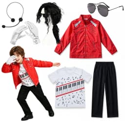 Boys Moonwalk Red Jacket Costume Set Piano Print T Shirt Black Pants For Kids Stage Show Halloween Singer Cosplay Outfit