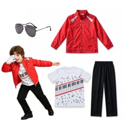 Boys Moonwalk Red Jacket Costume Set Piano Print T Shirt Black Pants For Kids Stage Show Halloween Singer Cosplay Outfit