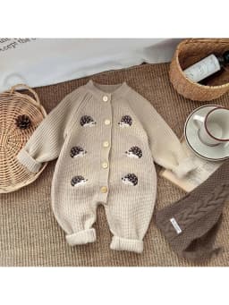 Korean-Style Spring and Autumn Clothing, Baby Knitted Jumpsuit, Super Cute Little Hedgehog 100-Day Knitted Crawling Suit for Going Out