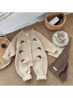 Korean-Style Spring and Autumn Clothing, Baby Knitted Jumpsuit, Super Cute Little Hedgehog 100-Day Knitted Crawling Suit for Going Out