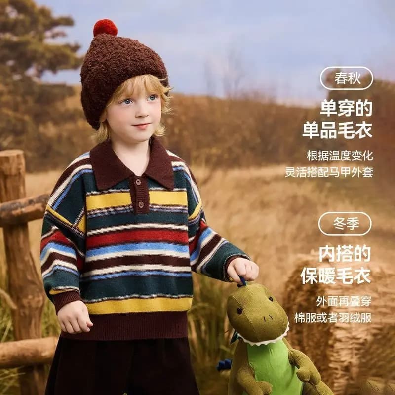 Boys' and girls' autumn sweaters, children's retro striped color-blocked knit tops