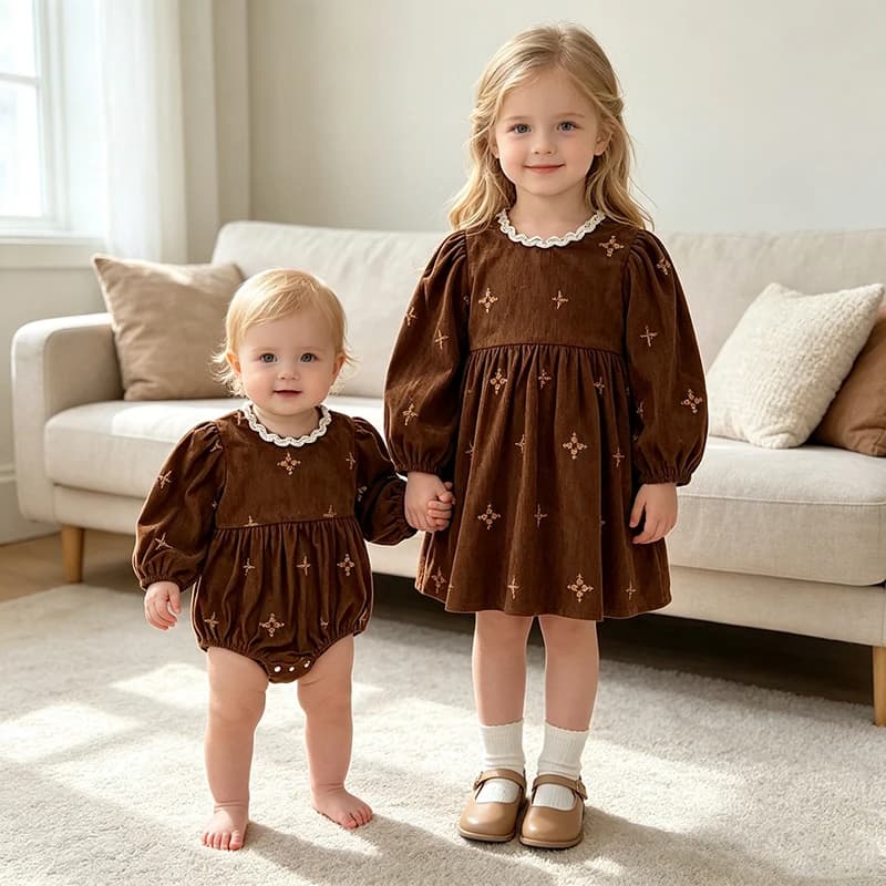 Toddler Sister Denim Bow Print 2-6Yrs Dress & 0-24M Baby Romper Ruffle Lace Collar Long Sleeve Infant Girls Sibling Clothes