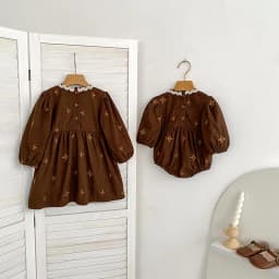 Toddler Sister Denim Bow Print 2-6Yrs Dress & 0-24M Baby Romper Ruffle Lace Collar Long Sleeve Infant Girls Sibling Clothes