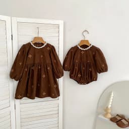 Toddler Sister Denim Bow Print 2-6Yrs Dress & 0-24M Baby Romper Ruffle Lace Collar Long Sleeve Infant Girls Sibling Clothes