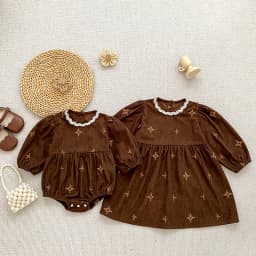 Toddler Sister Denim Bow Print 2-6Yrs Dress & 0-24M Baby Romper Ruffle Lace Collar Long Sleeve Infant Girls Sibling Clothes