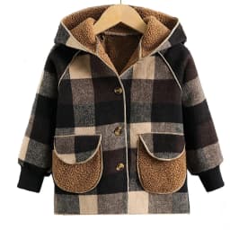 Children's Clothing Boys' Plaid Hooded Mid-Length Spring and Autumn Jacket, Winter Open-Front Outerwear, Comfortable Raglan Sleeves