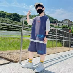 Junior Boys Summer Suit Children's Fashion Patchwork Short Sleeve Shorts Sports Suit Clothing 3-14Y Trend