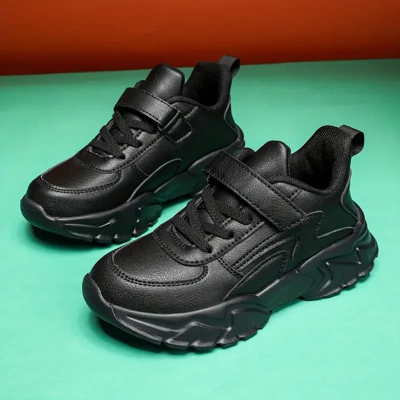 Children's Running Shoes, Boys' Black Casual Sports Shoes, Leather Waterproof Outdoor Shoes