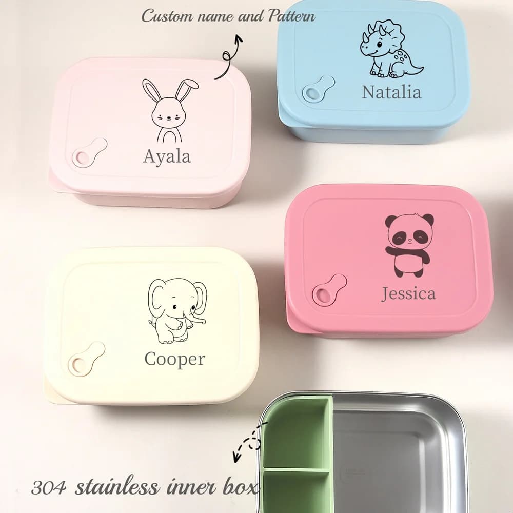 1200ml 1pc Custom Name & Pattern Silicone Kids Lunch Box, 3 Compartment Bento, BPA Free, Leakproof Stainless Steel School