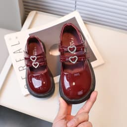 Children Leather Shoes for Spring Wine Red Black Elegant Girl's Mary Janes Chunky Hook-loop Beautiful Comfy Kids Shoe 26-36