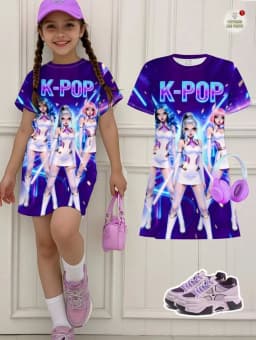 Kpop Cartoon Graphic Dress for Girls Funny Gift for Fan Harajuku Girl Kid's Dress Summer Short Sleeve Dress Children's Clothing